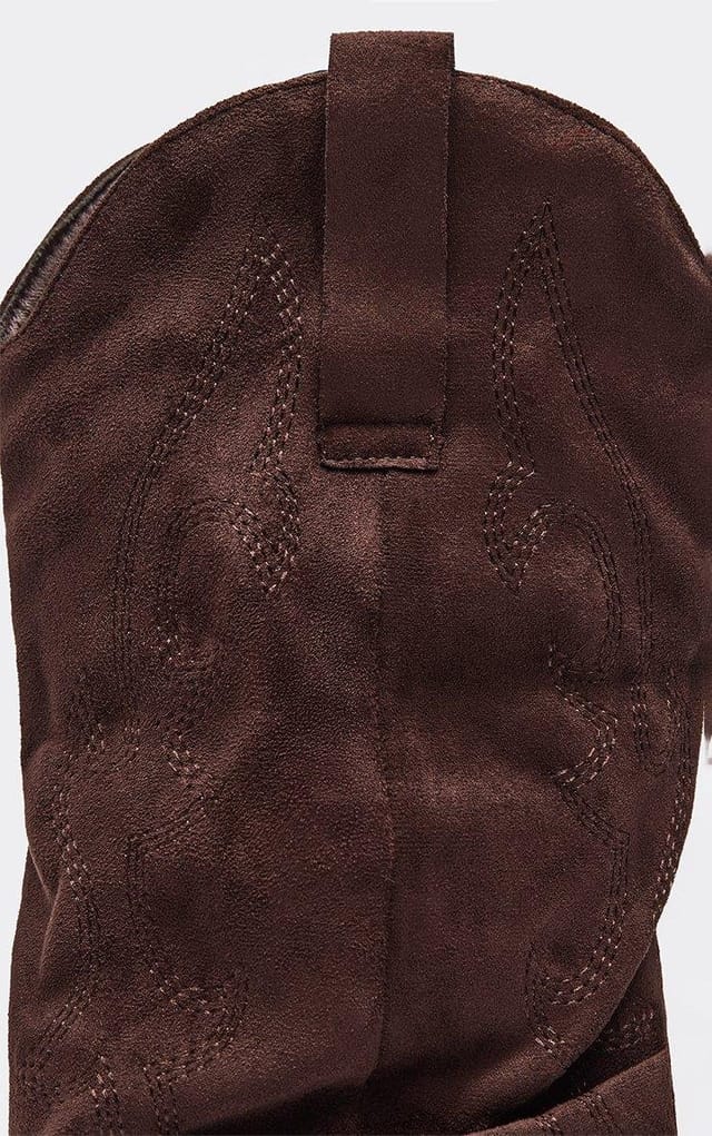 EGO Mellen Embroidered Detail Slouched Mid Calf Western Cowboy Boot In Brown Faux Suede, Women's Size UK 3 - 2