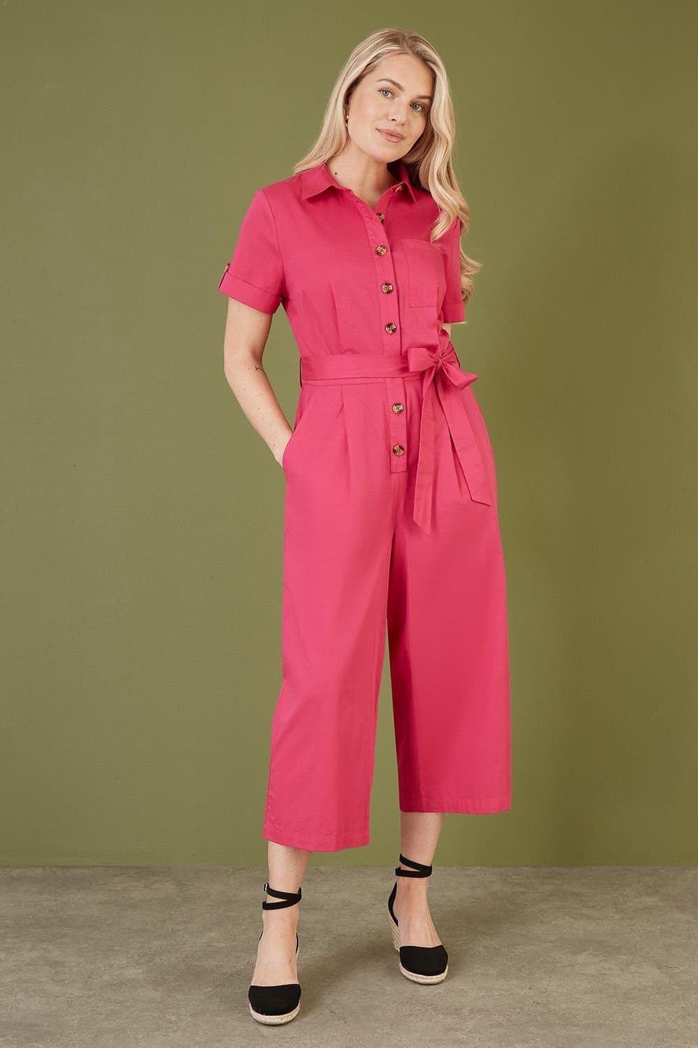 Yumi Yumi Women's Pink Viscose Twill Button Up Utility Style Jumpsuit