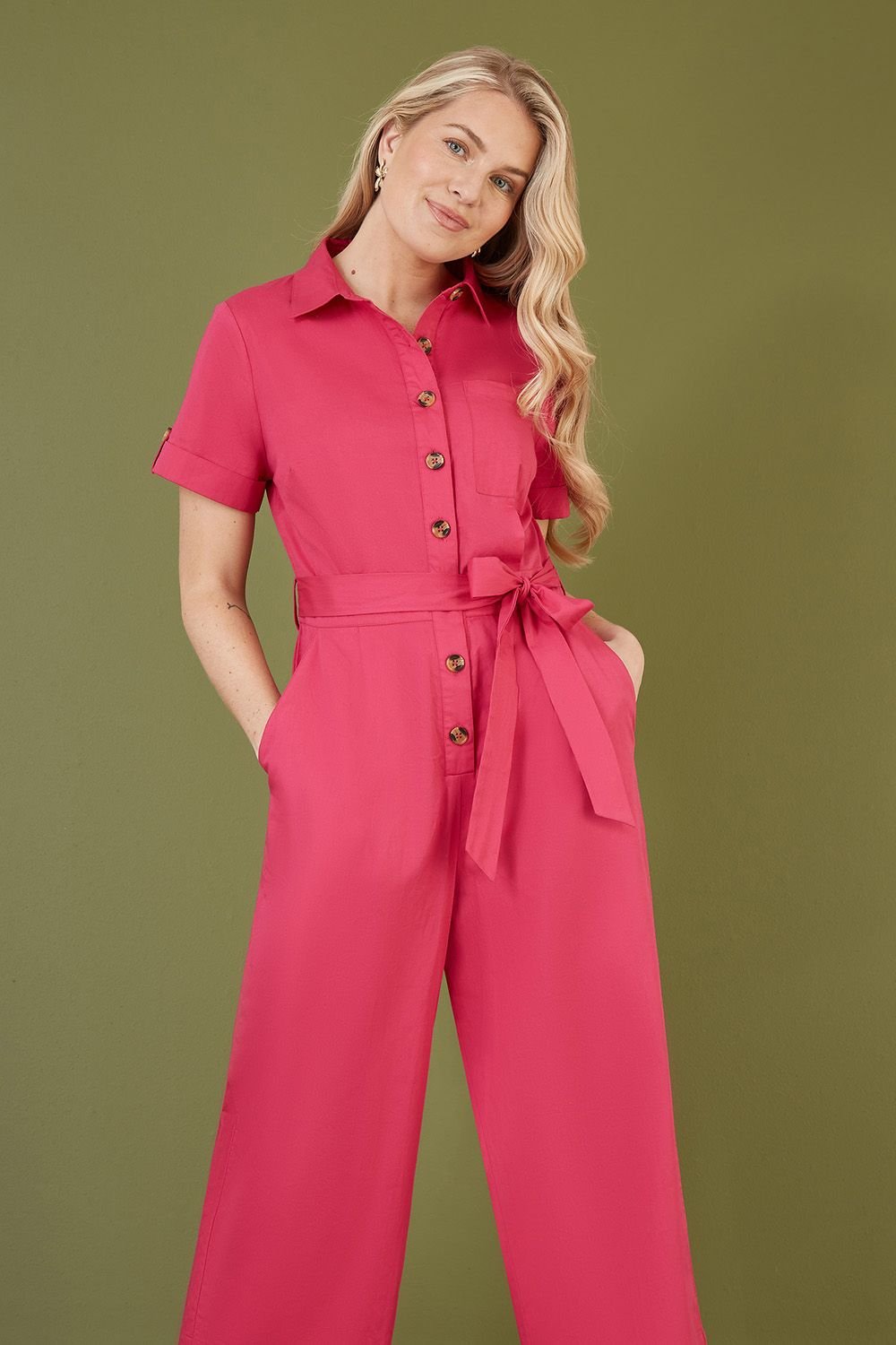 Yumi Yumi Women's Pink Viscose Twill Button Up Utility Style Jumpsuit - 2