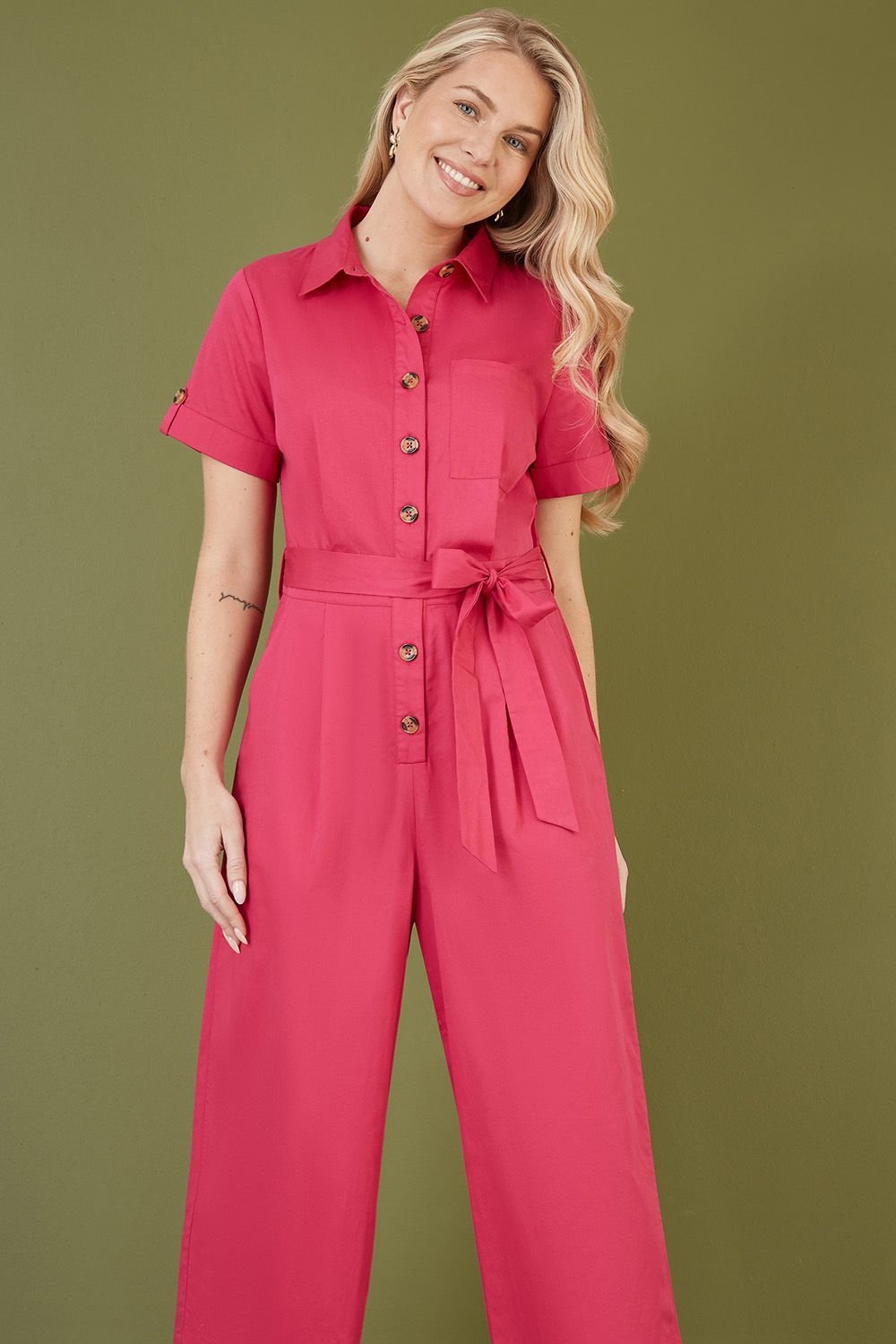 Yumi Yumi Women's Pink Viscose Twill Button Up Utility Style Jumpsuit - 3