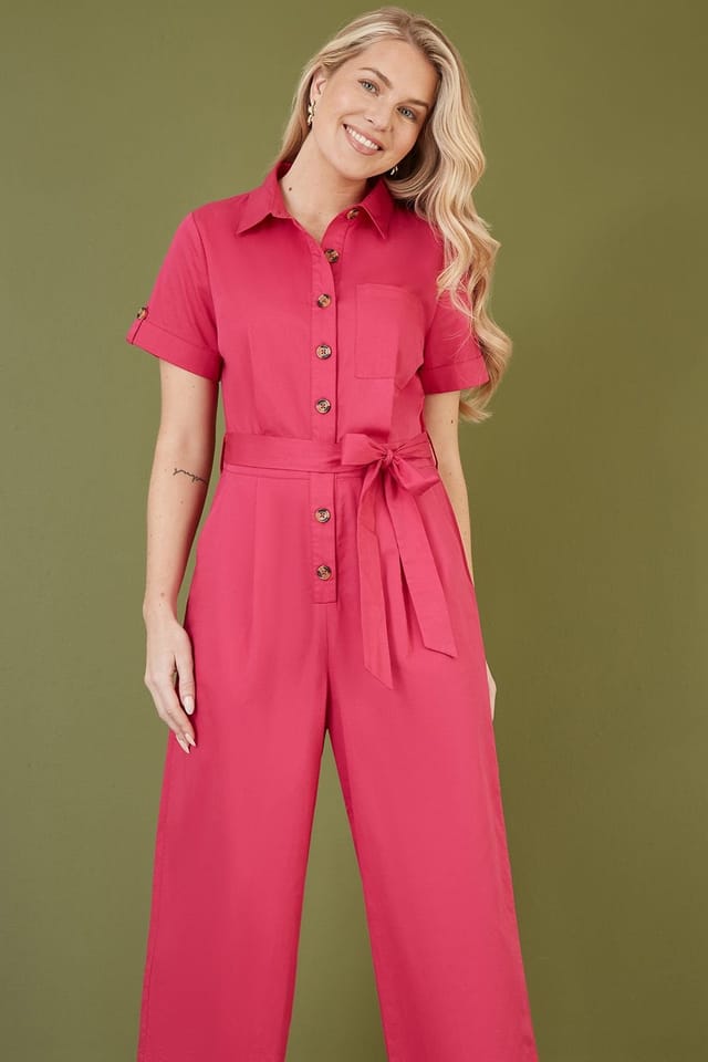 Yumi Yumi Women's Pink Viscose Twill Button Up Utility Style Jumpsuit - 3