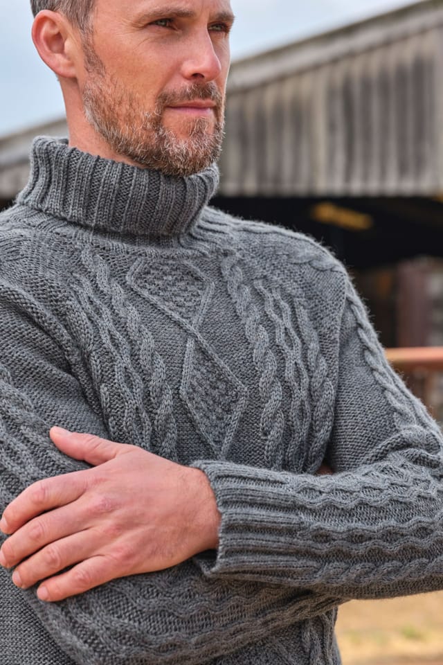 WoolOvers WoolOvers Men's Pure Wool Aran Polo Neck Jumper in Grey - 2