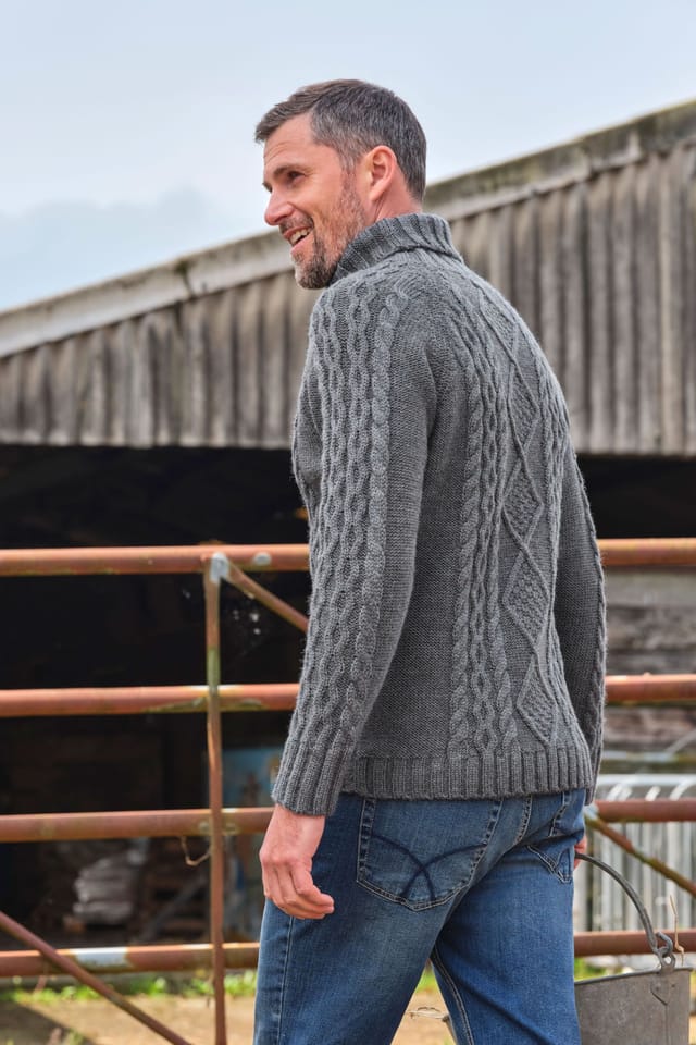 WoolOvers WoolOvers Men's Pure Wool Aran Polo Neck Jumper in Grey - 3