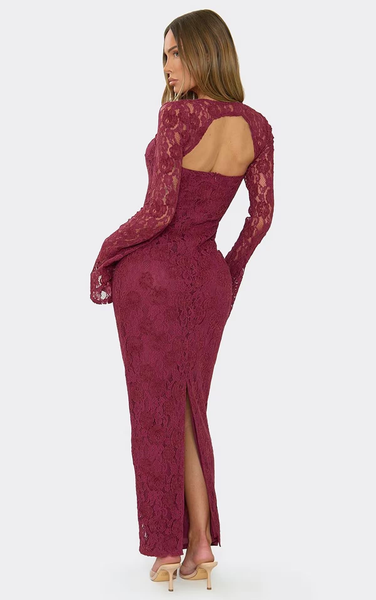 EGO Long Bell Sleeve Cut Out Front Maxi Dress In Burgundy Lace, Women's Size UK 6