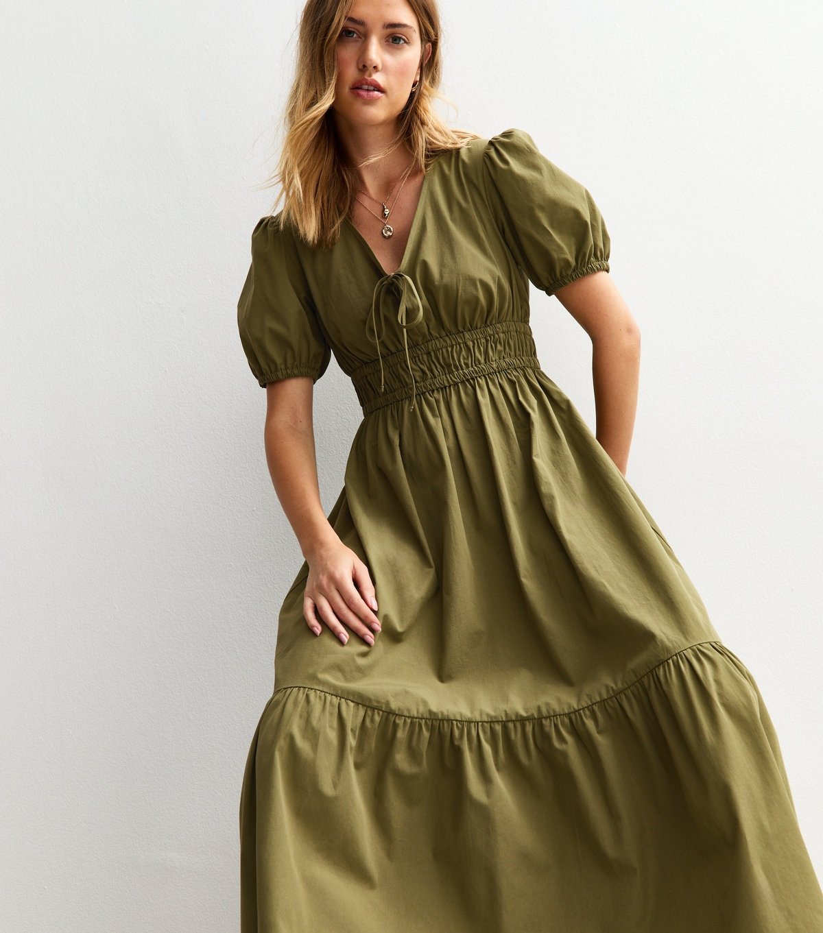 New Look Women's Light Khaki Cotton V-Neck Midi Smock Dress New Look - 2