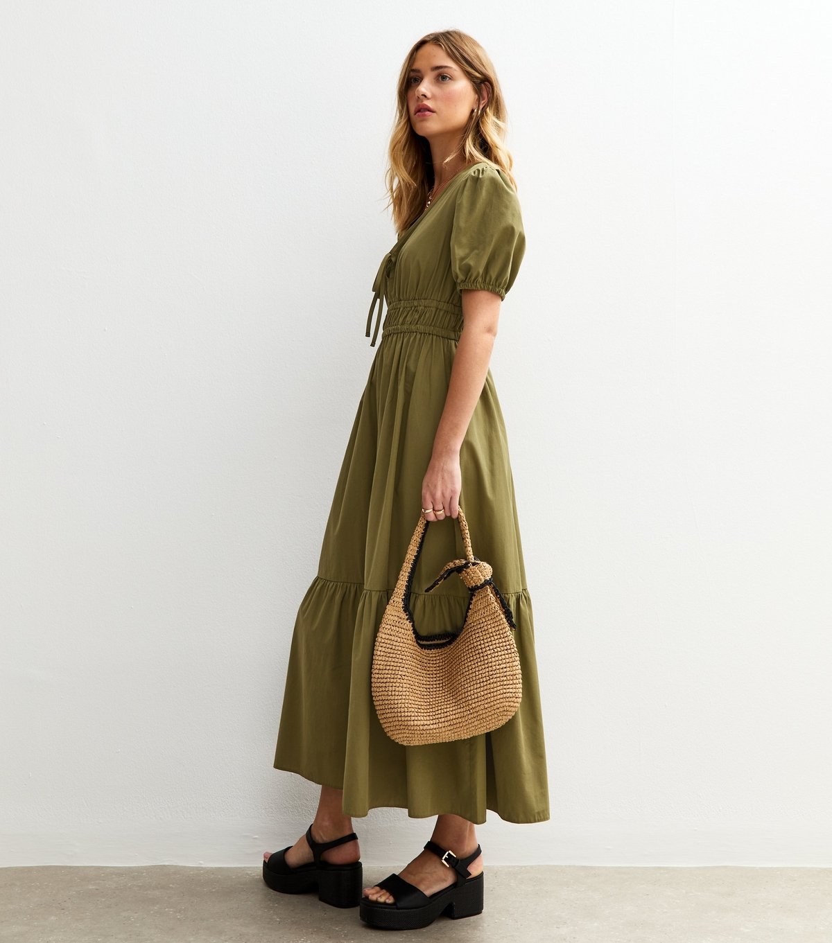 New Look Women's Light Khaki Cotton V-Neck Midi Smock Dress New Look - 4