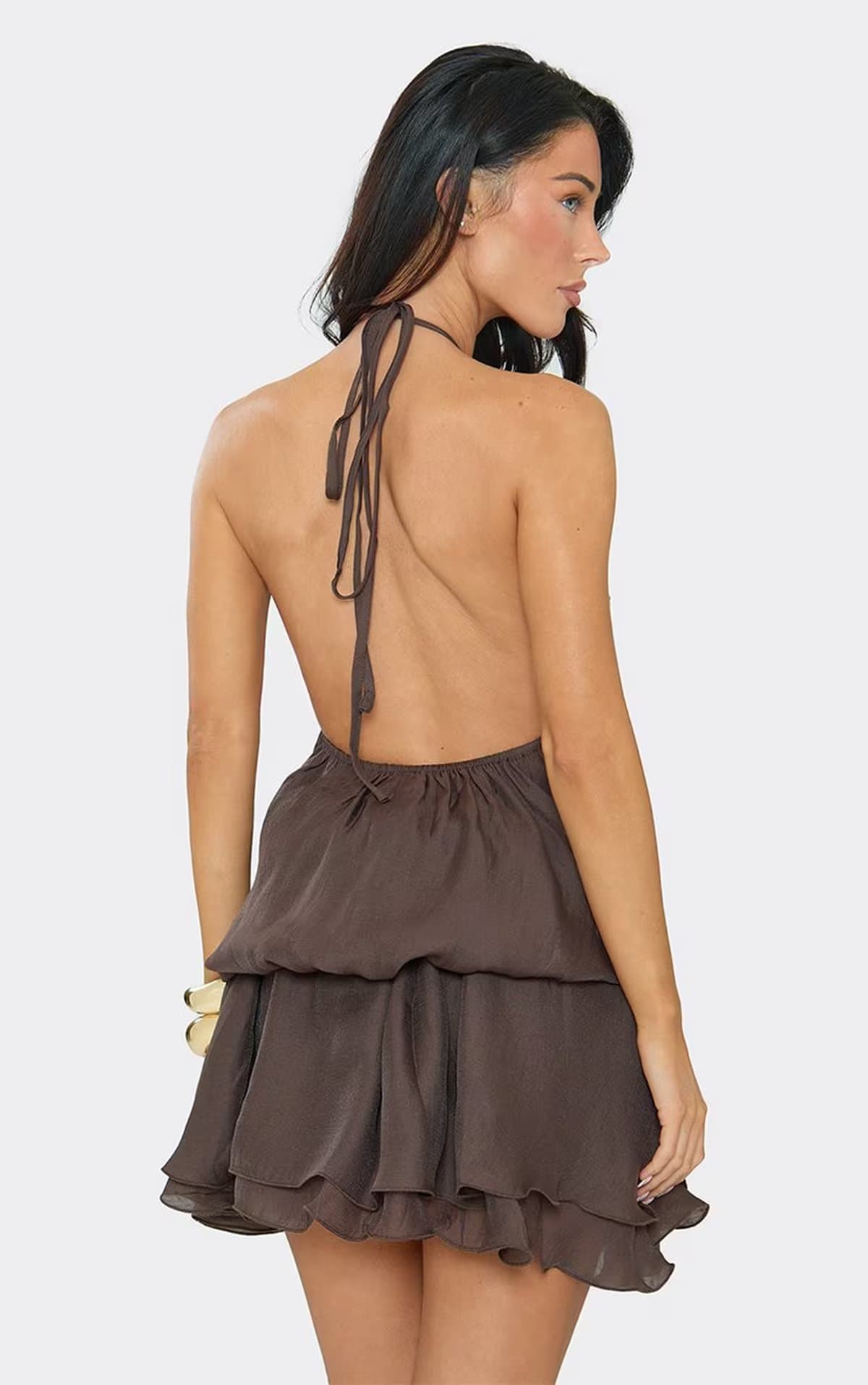 EGO Halterneck Lace Trim Detail Blouson Mini Dress In Chocolate Brown, Women's Size UK S