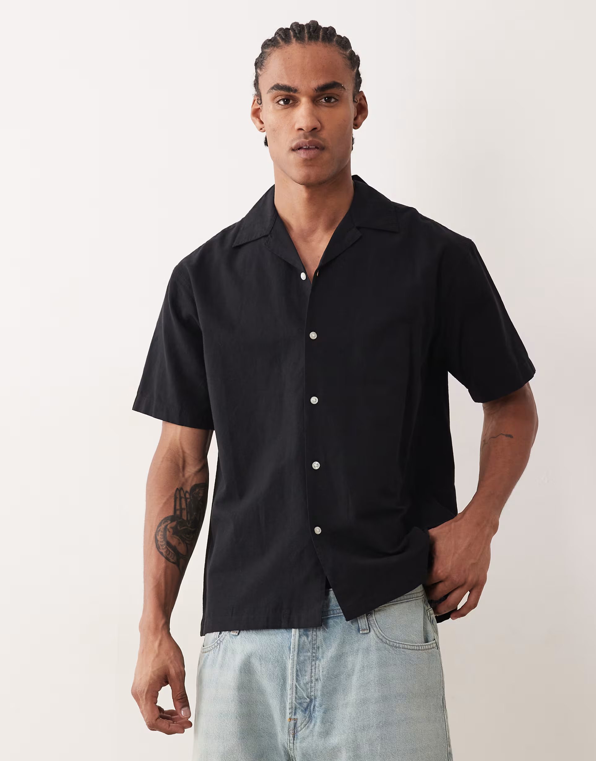 ASOS Jack & Jones short sleeve linen blend shirt in black - 1