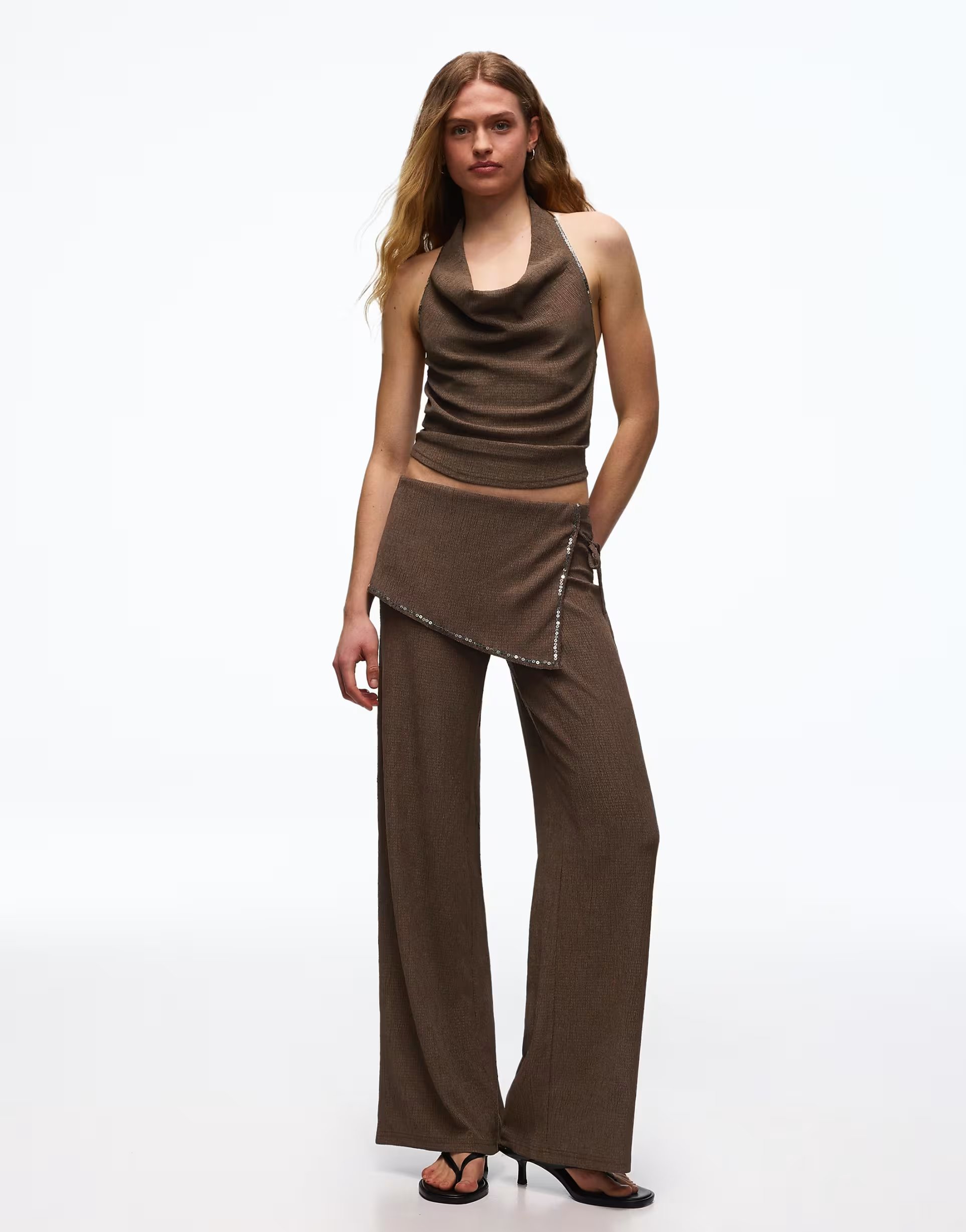 ASOS Bershka Trousers with sequin overskirt in brown - 1