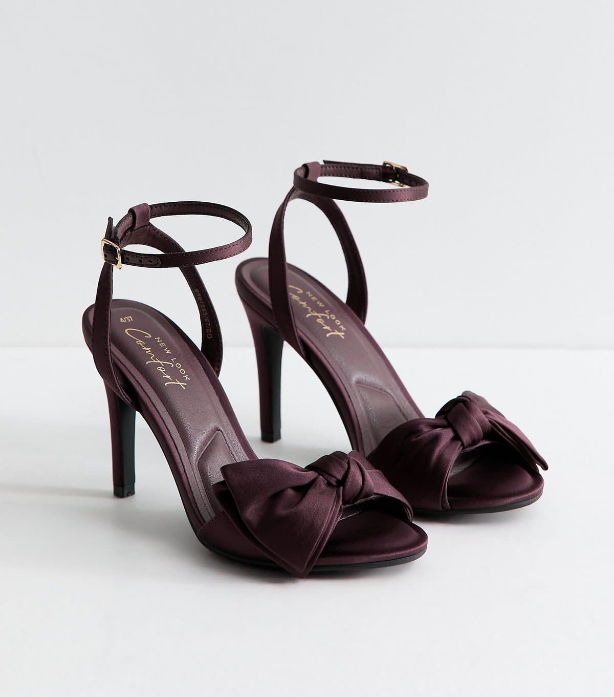 New Look Women's Burgundy Satin Bow Stiletto Heel Sandals Vegan New Look