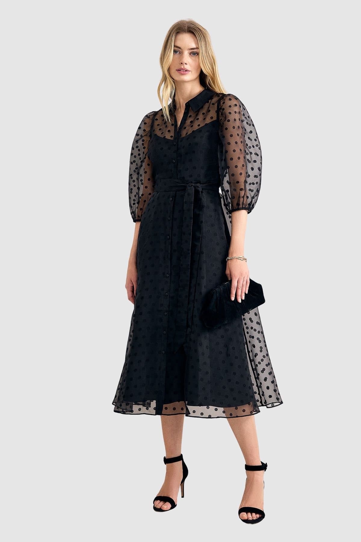 Phase Eight Phase Eight Women's Agatha Sheer Sleeve Belted Shirt Dress in Black