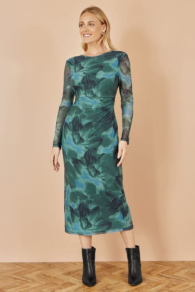 Yumi Yumi Women's Green Floral Mesh Bodycon Dress With Tie Back - 2