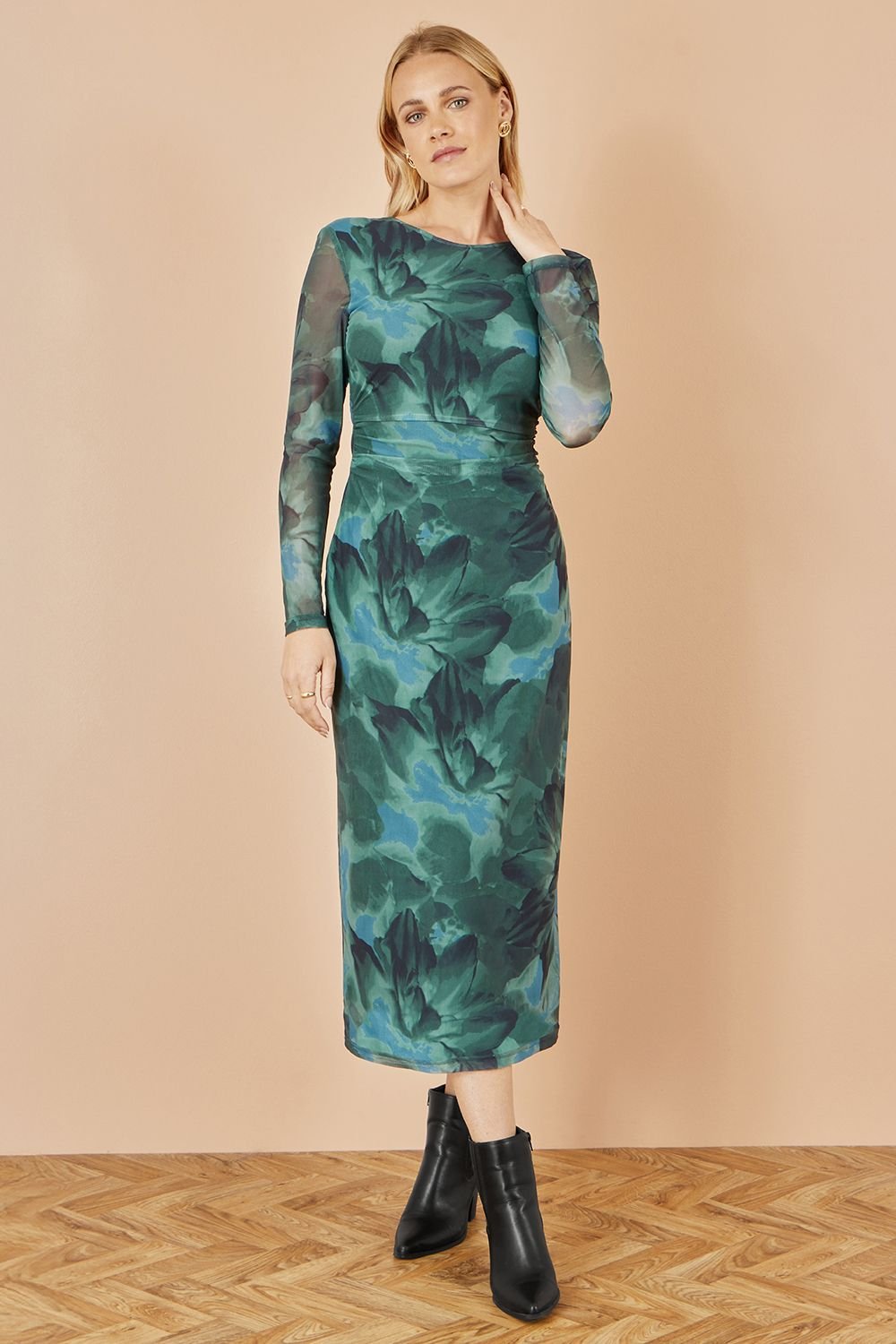 Yumi Yumi Women's Green Floral Mesh Bodycon Dress With Tie Back - 3