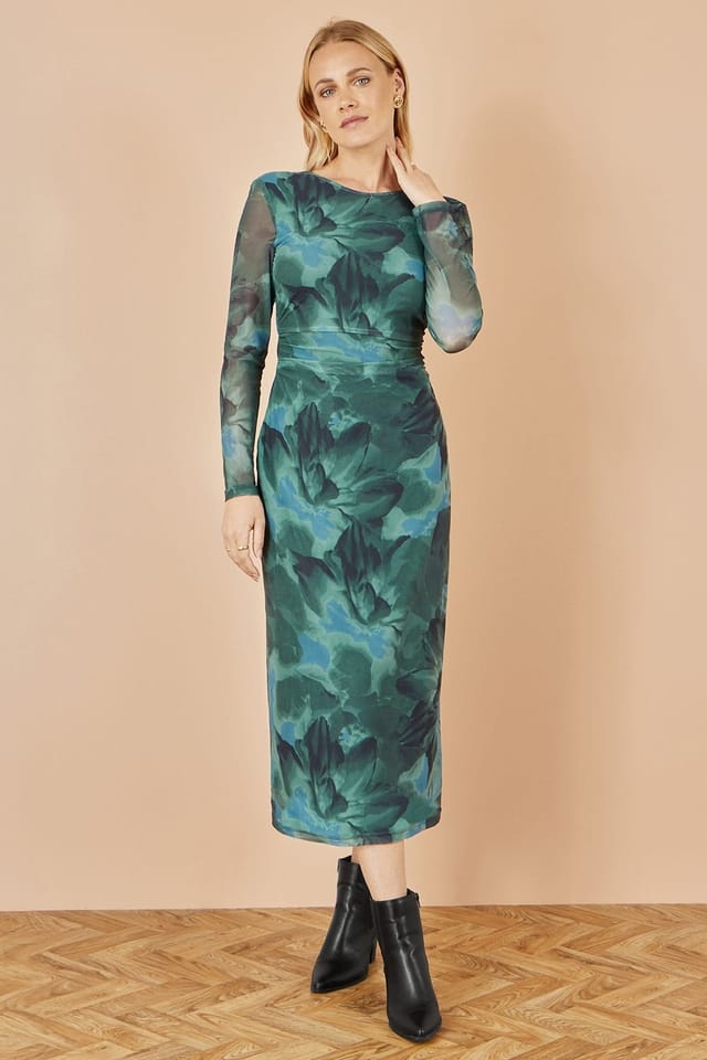 Yumi Yumi Women's Green Floral Mesh Bodycon Dress With Tie Back - 3