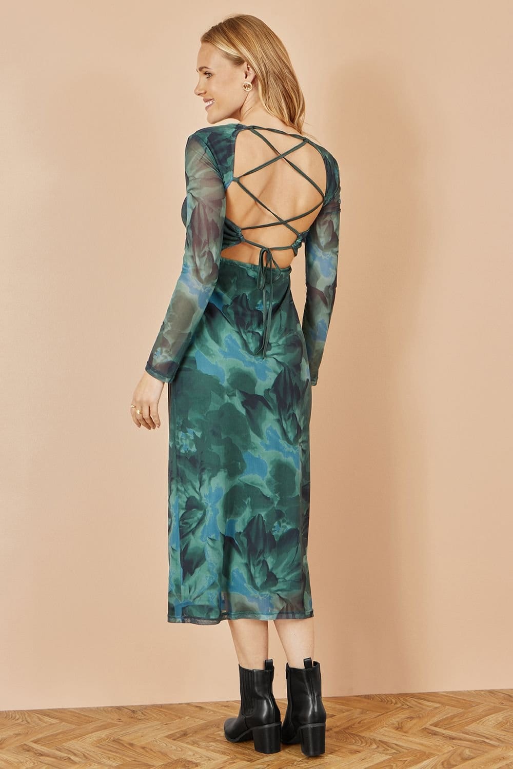 Yumi Yumi Women's Green Floral Mesh Bodycon Dress With Tie Back - 4