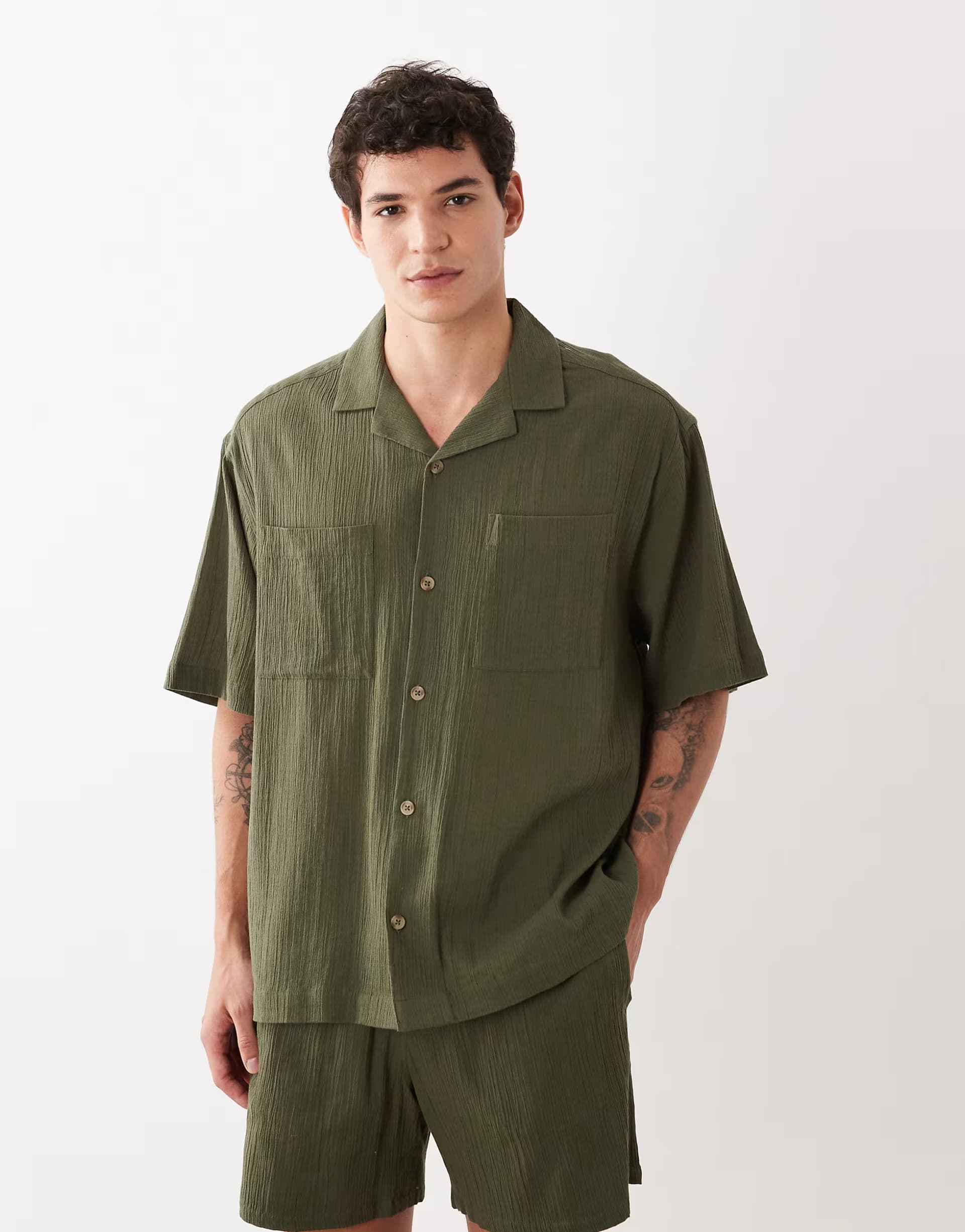 ASOS ASOS DESIGN co-ord oversized revere crinkle texture shirt in dark green