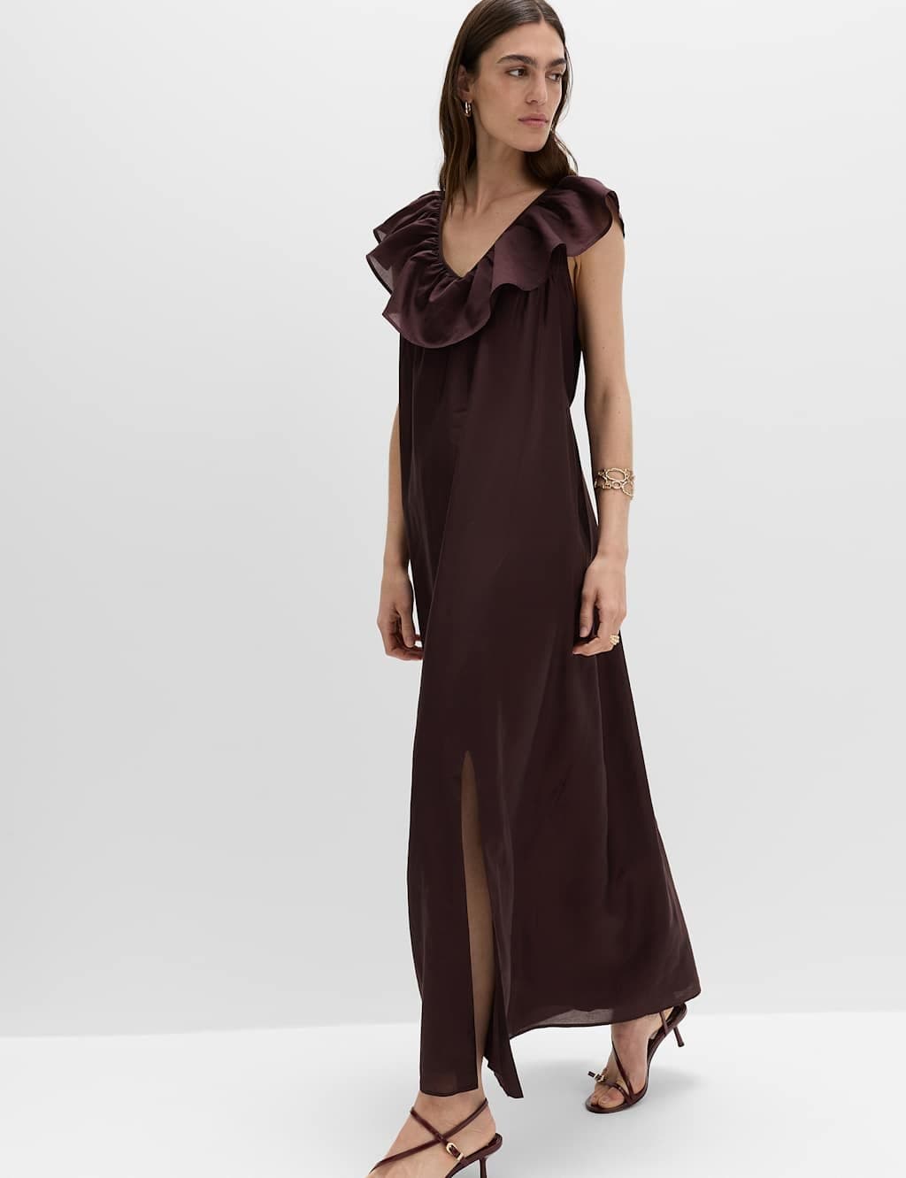 Marks & Spencer M&S Lyocell Rich Frill V-Neck Midaxi Relaxed Dress Wine