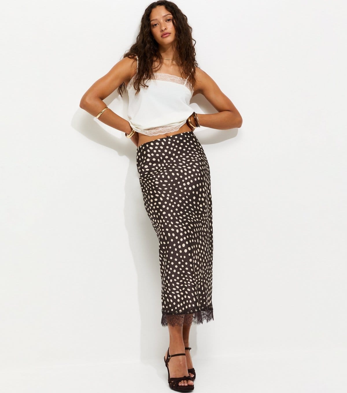 New Look Brown Spotty Lace Trim Satin Midi Skirt