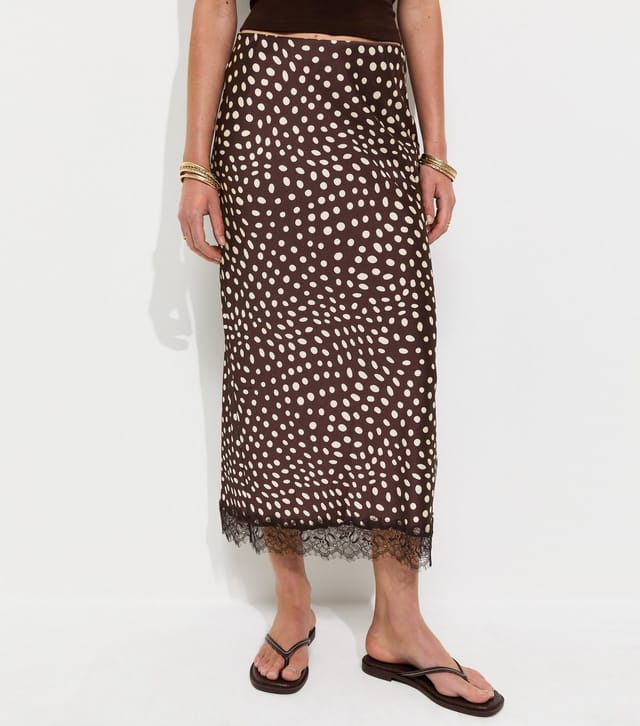 New Look Women's Brown Satin Spotty Lace Trim Midi Skirt New Look - 2