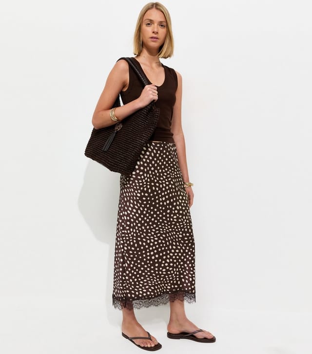 New Look Women's Brown Satin Spotty Lace Trim Midi Skirt New Look - 3