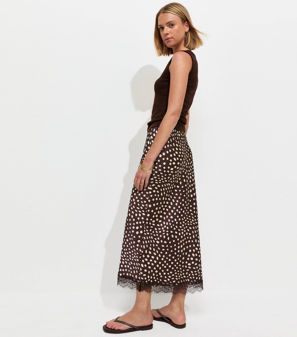 New Look Women's Brown Satin Spotty Lace Trim Midi Skirt New Look - 4