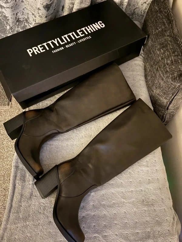 PrettyLittleThing NEW faux leather knee high boots block heel black brown zip up square toe UK size 3 girls women