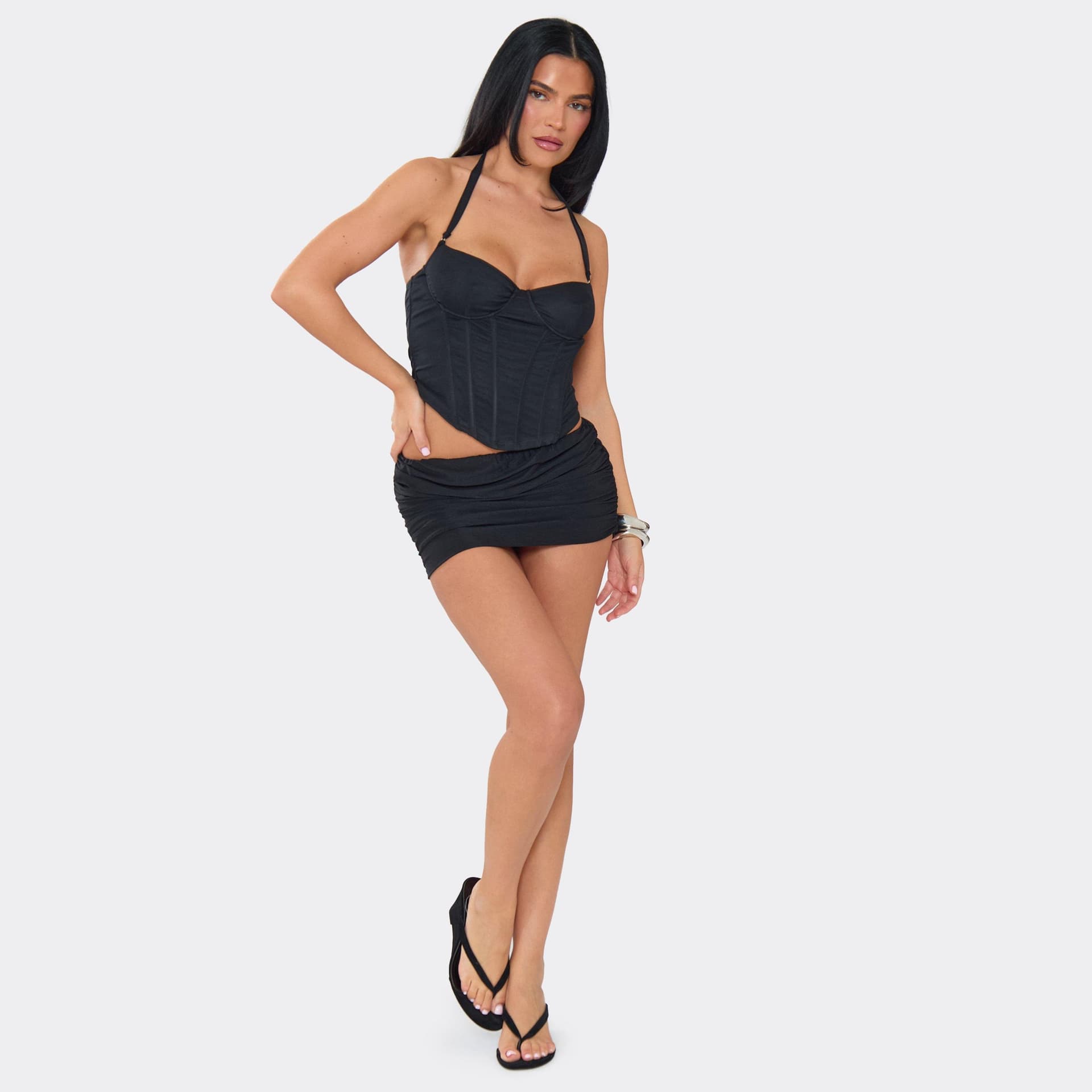 EGO Low Rise Ruched Mini Skort In Black Chiffon, Women's Size UK 6