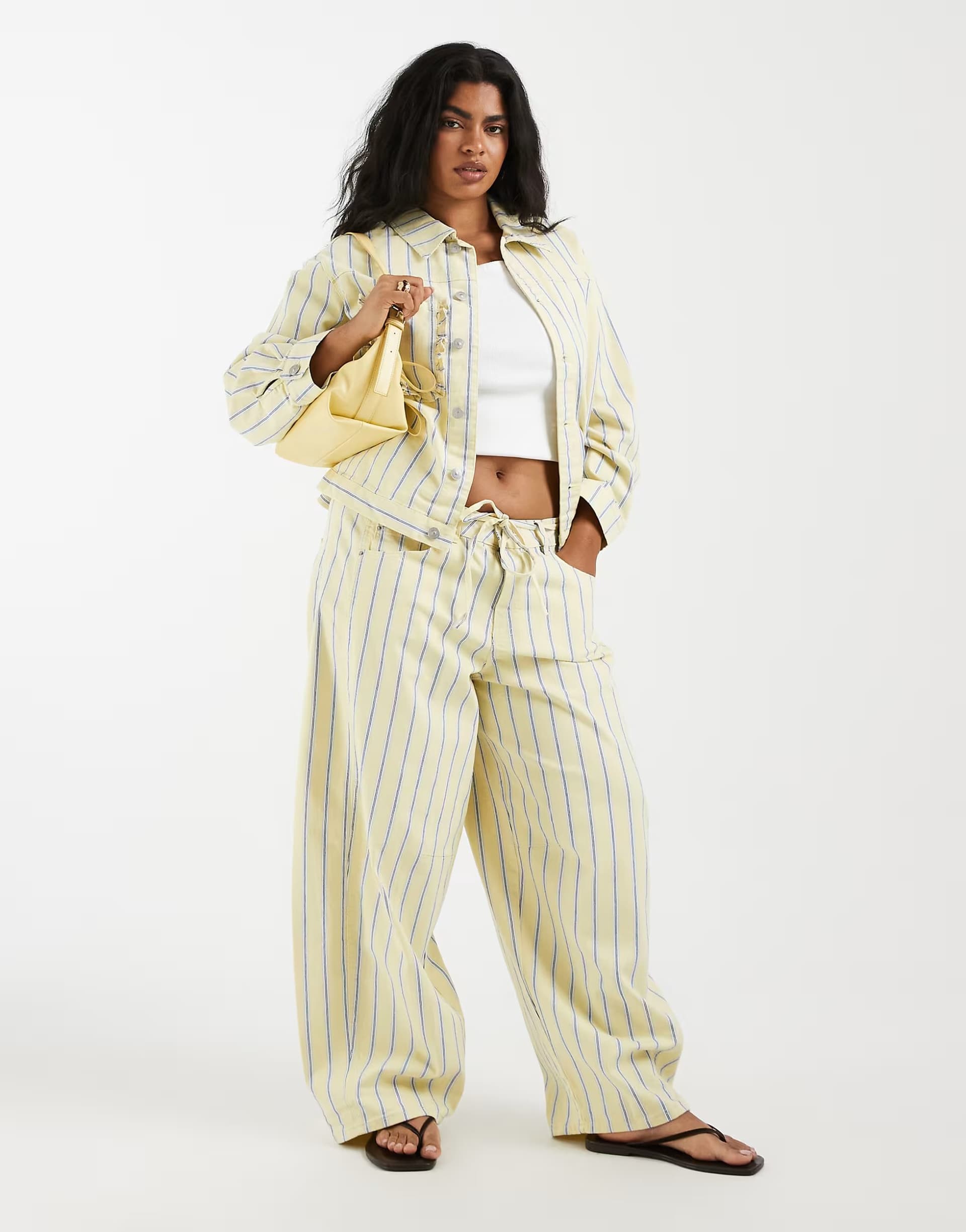 ASOS Pieces denim jacket and barrel jeans set in yellow and blue stripe