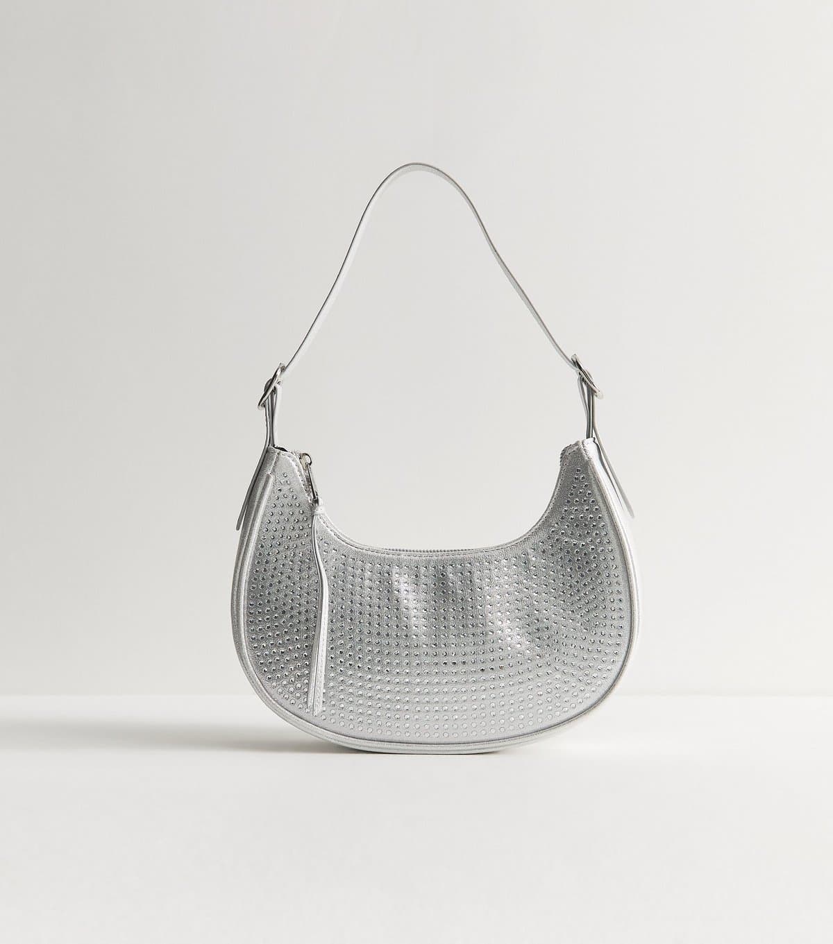 New Look Silver Faux Leather Gem Embellished Curved Shoulder Bag New Look