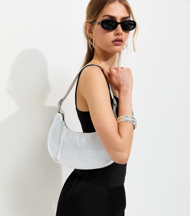 New Look Silver Faux Leather Gem Embellished Curved Shoulder Bag New Look - 2