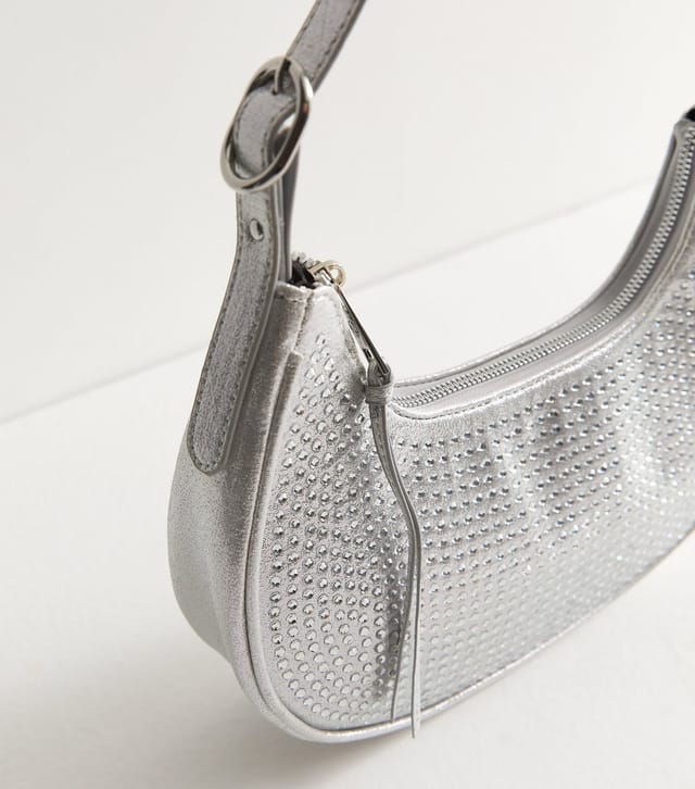 New Look Silver Faux Leather Gem Embellished Curved Shoulder Bag New Look - 3