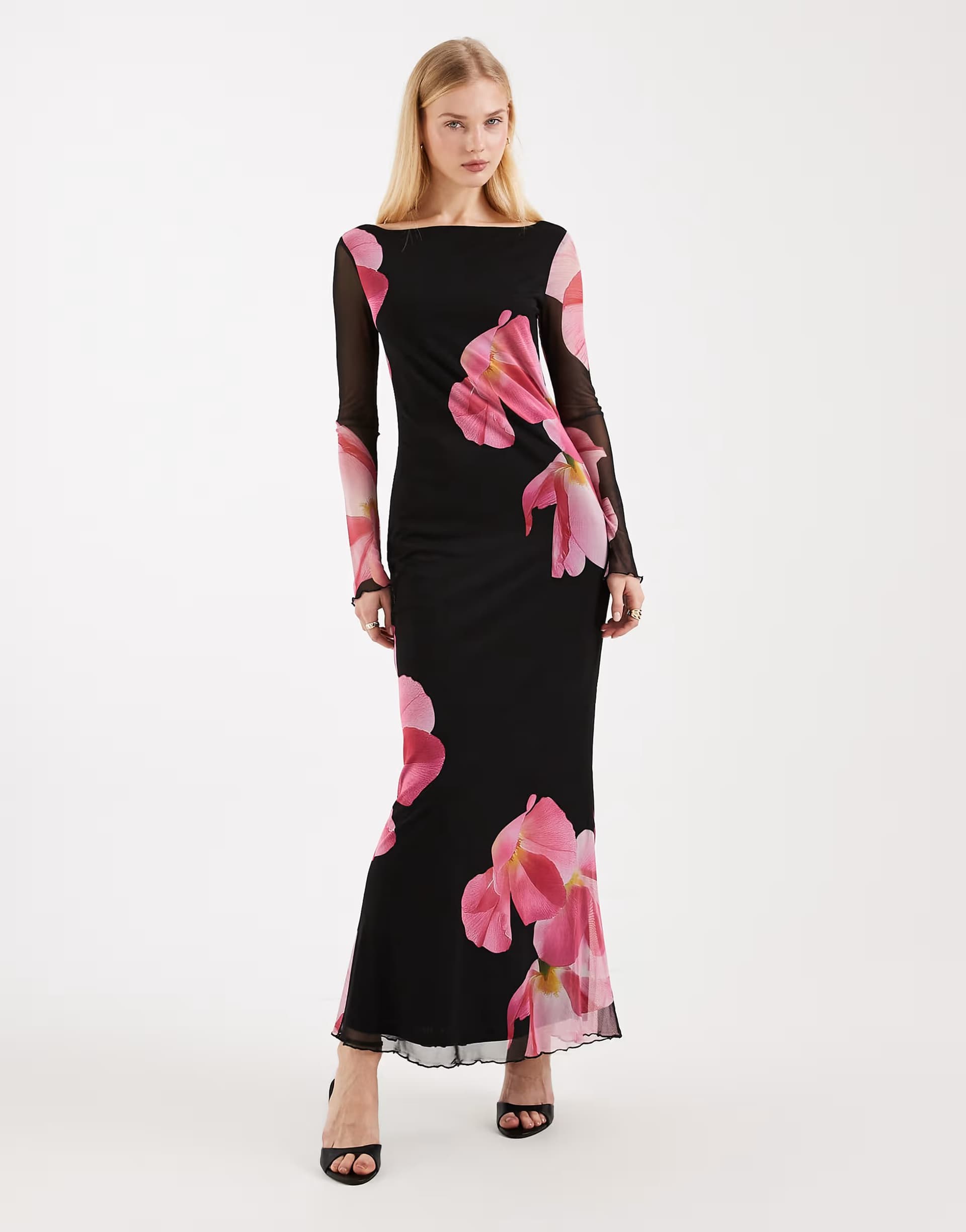 ASOS Vero Moda long sleeve mesh maxi dress in black with overblown floral
