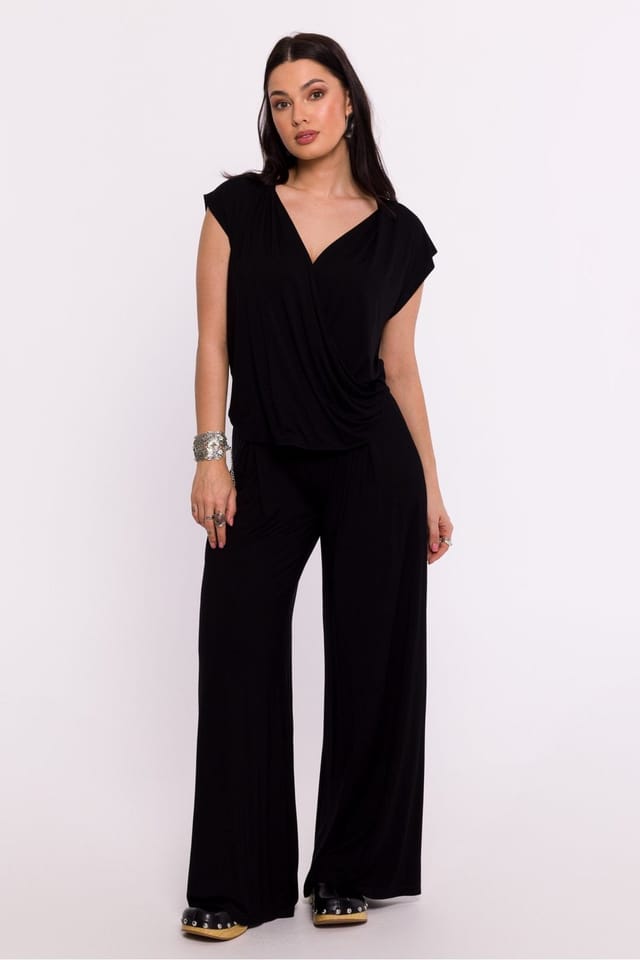 Love Lace Love Lace Women's Viscose Knit Envelope Blouse with Draping in Black - 2