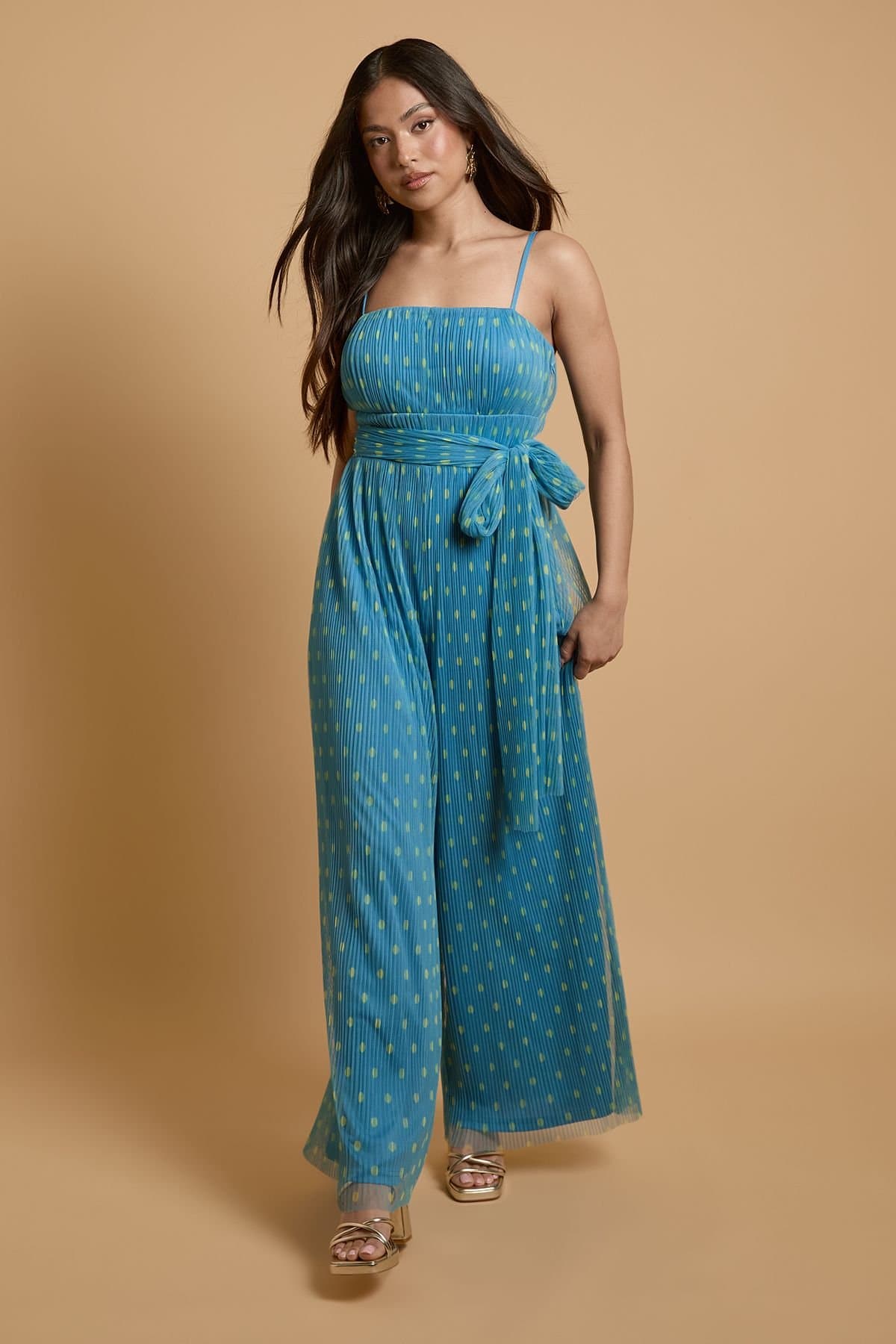 Oasis Oasis Women's Petite Corset Detail Pleated Mesh Jumpsuit in Blue