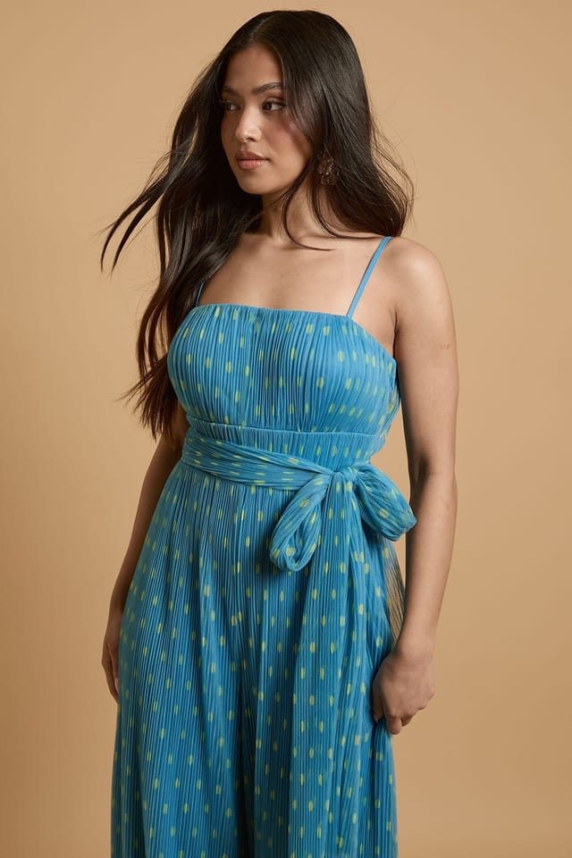 Oasis Oasis Women's Petite Corset Detail Pleated Mesh Jumpsuit in Blue - 2