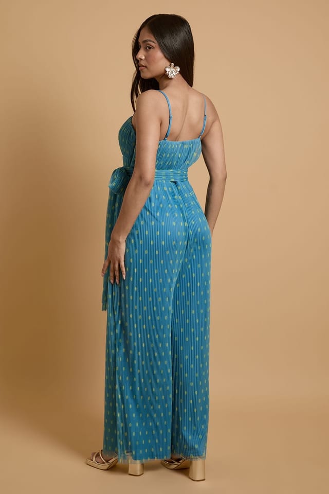 Oasis Oasis Women's Petite Corset Detail Pleated Mesh Jumpsuit in Blue - 3