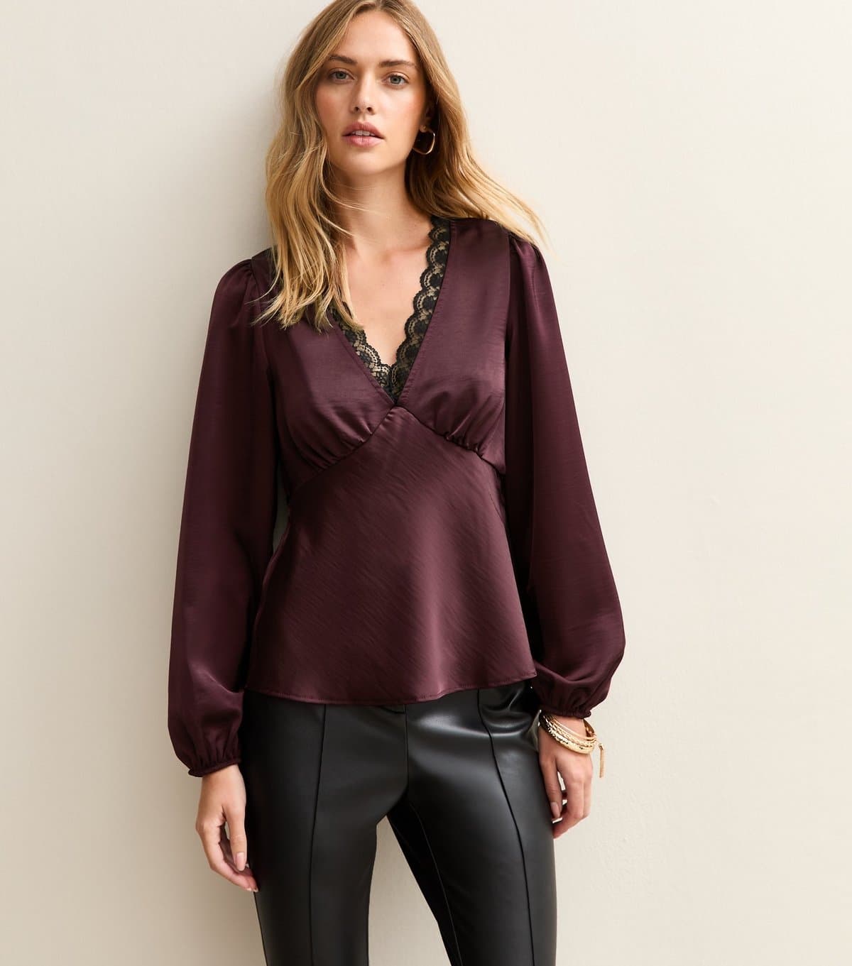 New Look New Look Dark Burgundy Satin Lace Trim Blouse