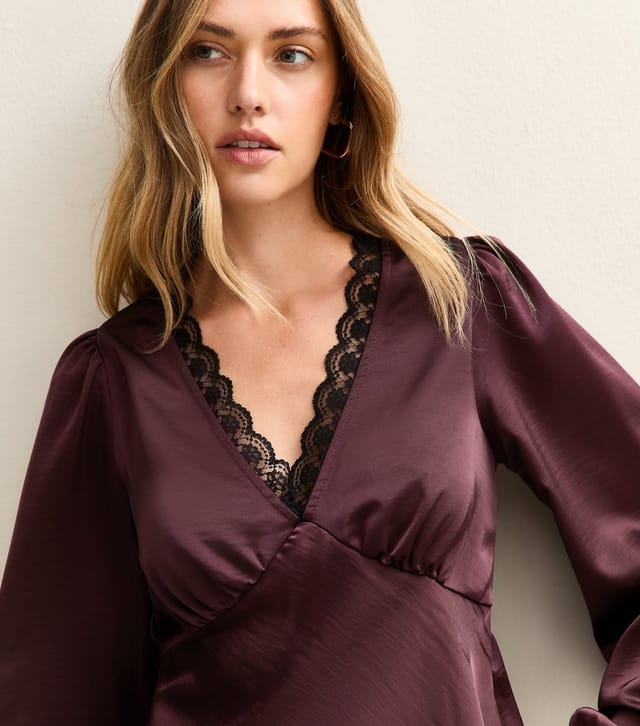 New Look Women's Dark Burgundy Satin Lace Trim Blouse New Look - 2