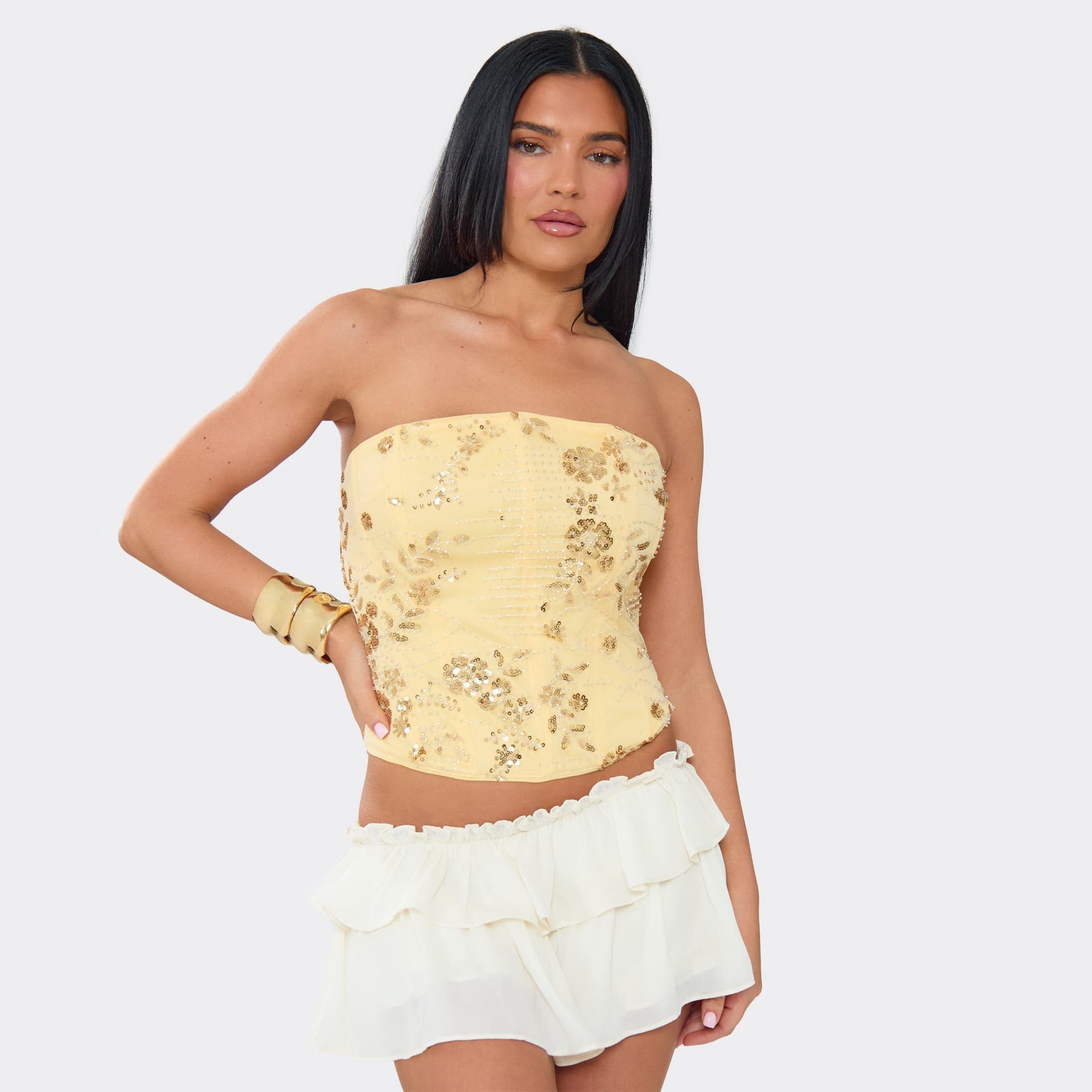 EGO Bandeau Embellished Corset Top In Lemon, Women's Size UK 6