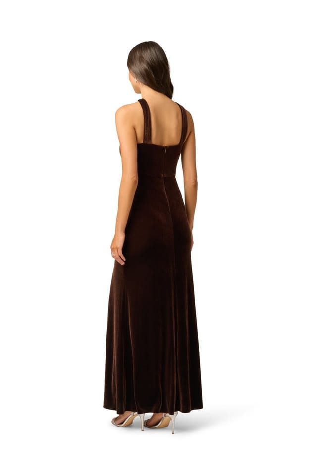 Adrianna Papell Adrianna Papell Women's Velvet Halter Mermaid Gown in Brown - 3