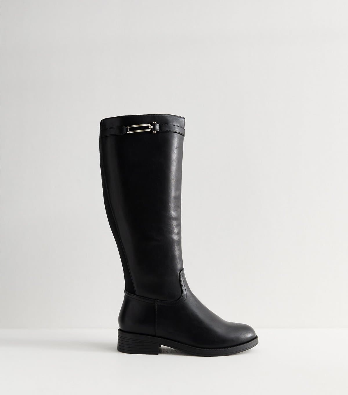 New Look Women's Wide Fit Black Faux Leather Knee High Boots Vegan New Look