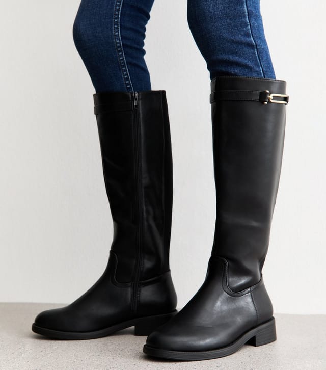 New Look Women's Wide Fit Black Faux Leather Knee High Boots Vegan New Look - 2
