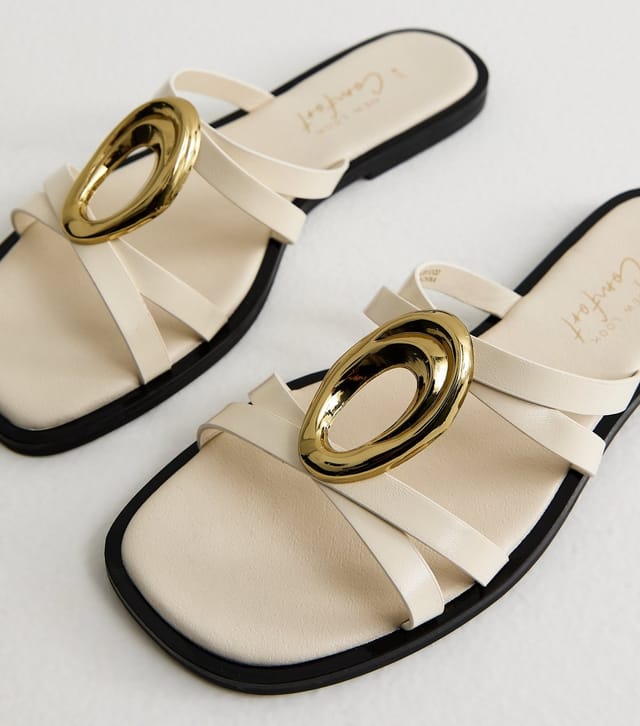 New Look Women's Off White Gold Abstract Buckle Mule Sandals New Look - 3