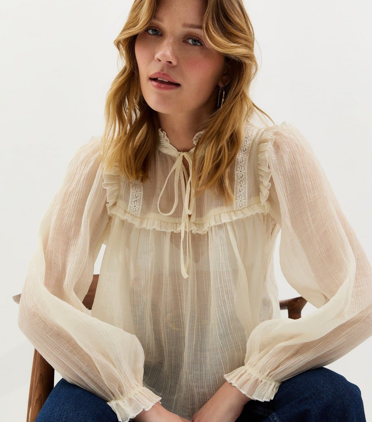 New Look New Look Off White Sheer Lace Bib Blouse