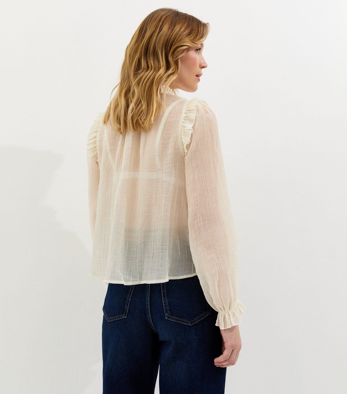 New Look Women's Off White Sheer Lace Bib Crinkle Texture Blouse New Look - 4
