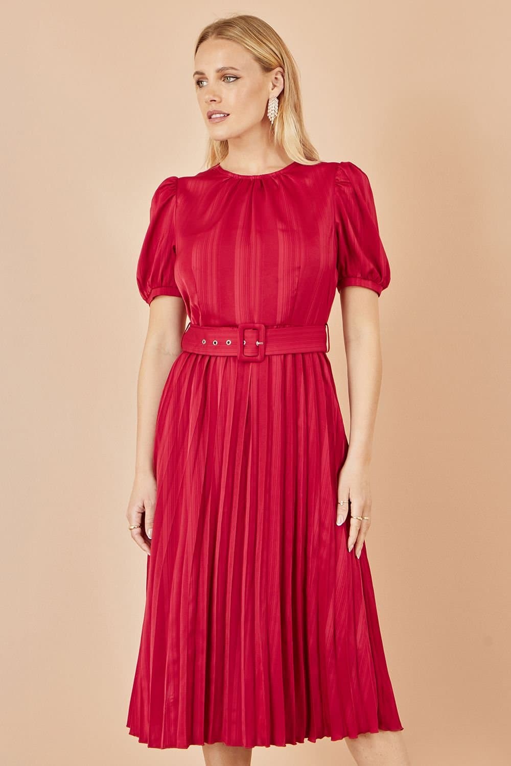 Yumi Yumi Women's Red Satin Striped Midi Dress With Pleats & Matching Belt