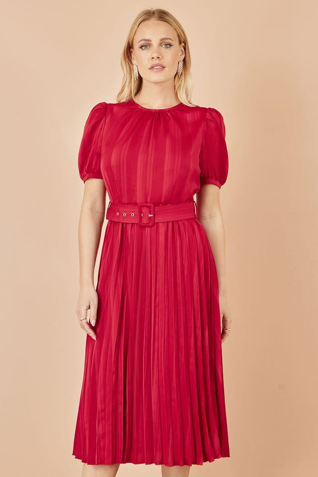 Yumi Yumi Women's Red Satin Striped Midi Dress With Pleats & Matching Belt - 2