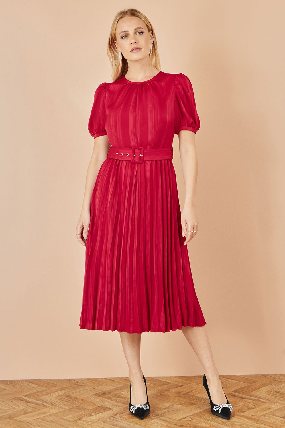 Yumi Yumi Women's Red Satin Striped Midi Dress With Pleats & Matching Belt - 3