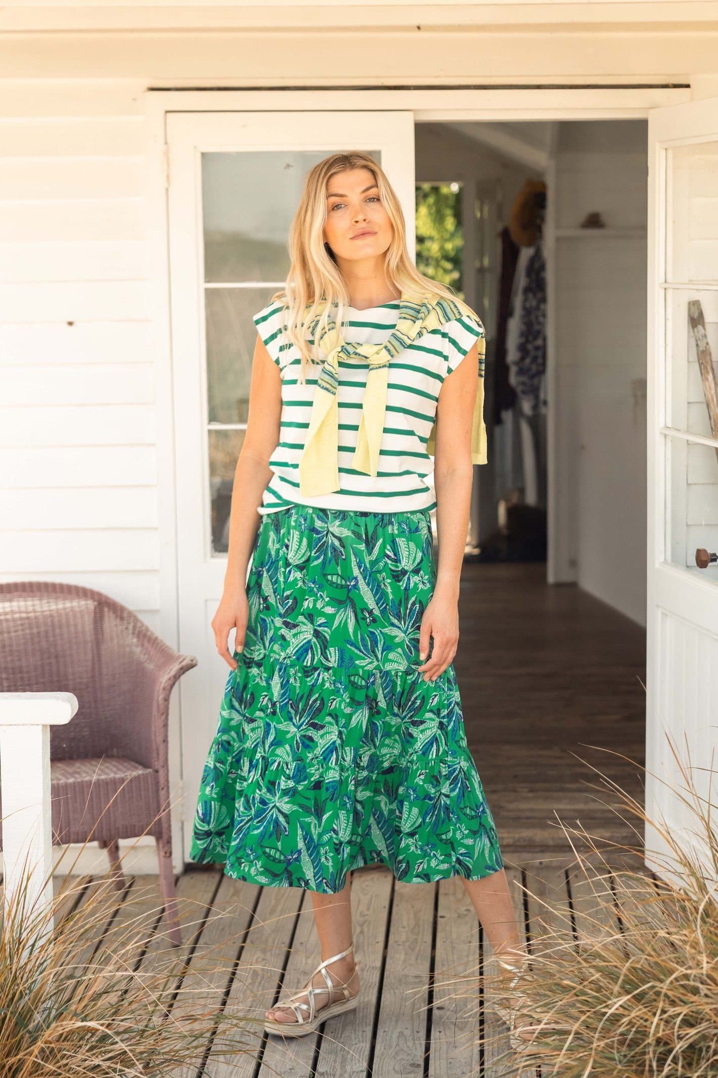 Weird Fish Weird Fish Women's Cassis Printed Tiered Skirt in Green