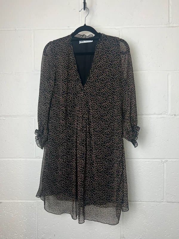 Zara zara small mini dress chiffon black and gold spotty dress